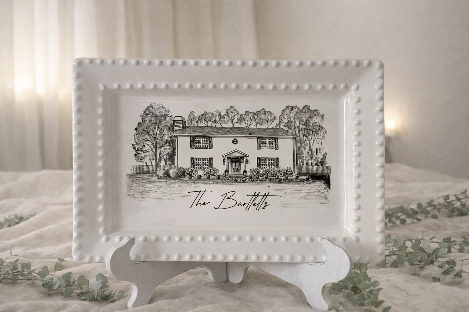 The Bartletts - Colonial home on rectangular platter with address