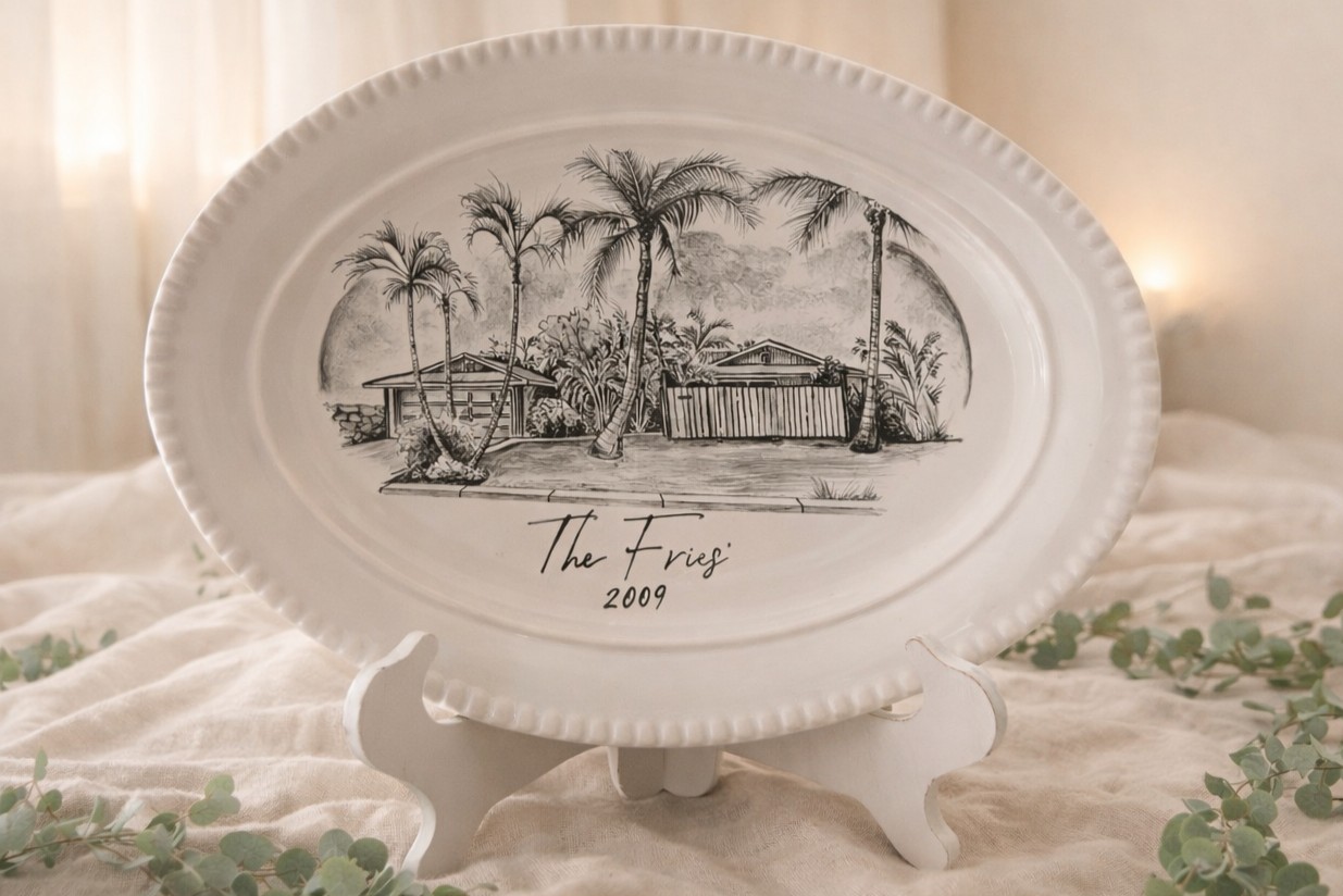 The Fries' 2009 - Coastal home with palm trees on oval platter