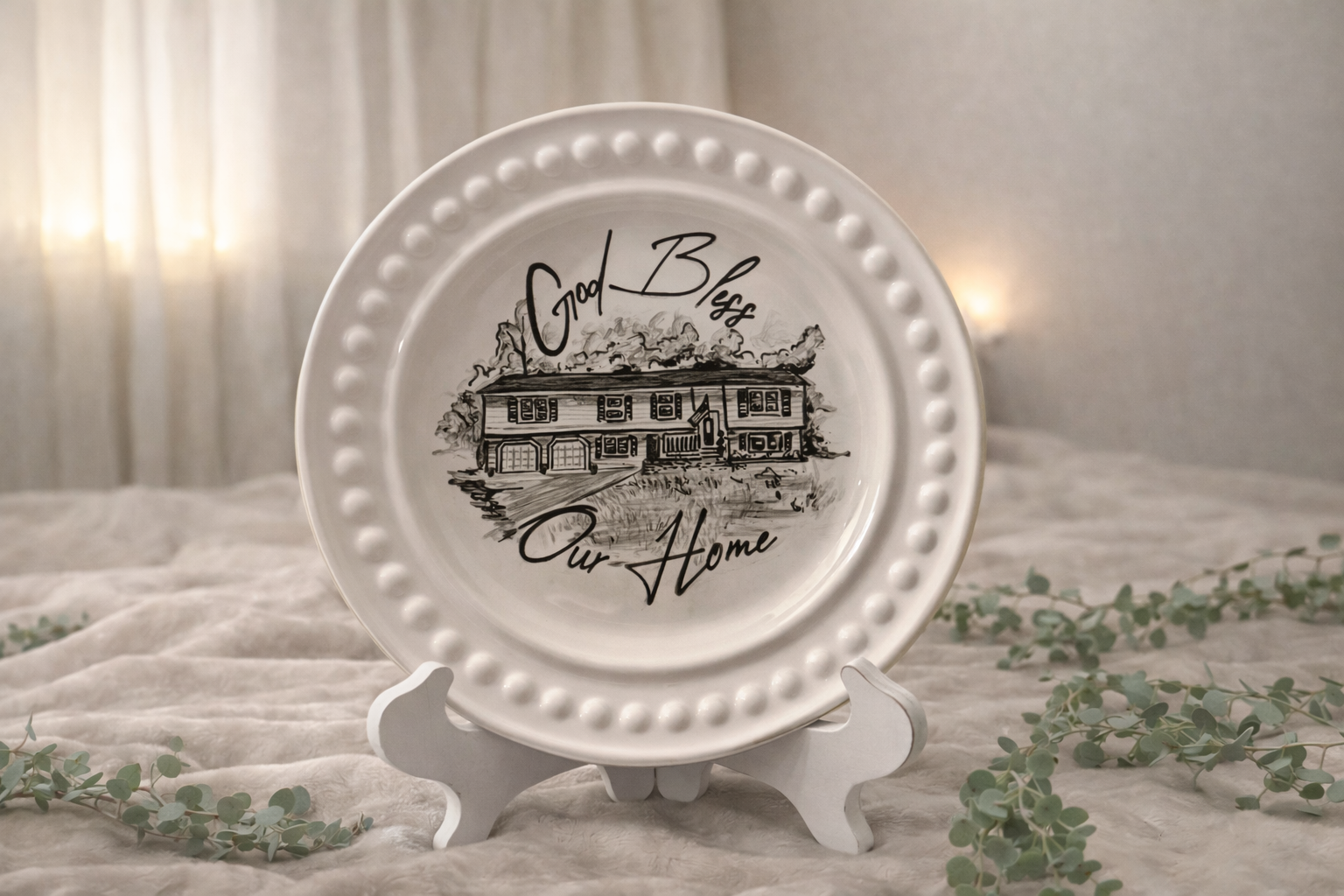 God Bless Our Home - Split-level home on circular platter